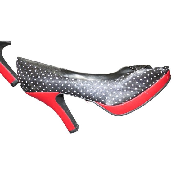 STEVE MADDEN Lexus Black & White Polka Dot Red Heels Retro Chic Peep Toe Heels - Picture 5 of 12